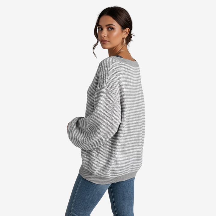 AURELLA | Women’s Soft-Knit Off-Shoulder Sweater – Striped Loose-Fit