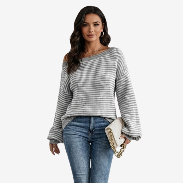 AURELLA | Women’s Soft-Knit Off-Shoulder Sweater – Striped Loose-Fit