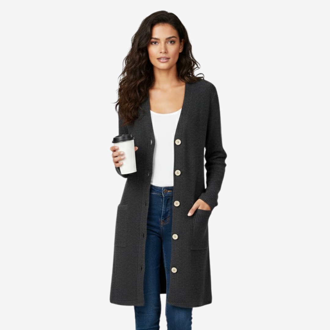 AURELLA | Women’s Viscose-Blend V-Neck Coat – Buttoned Longline