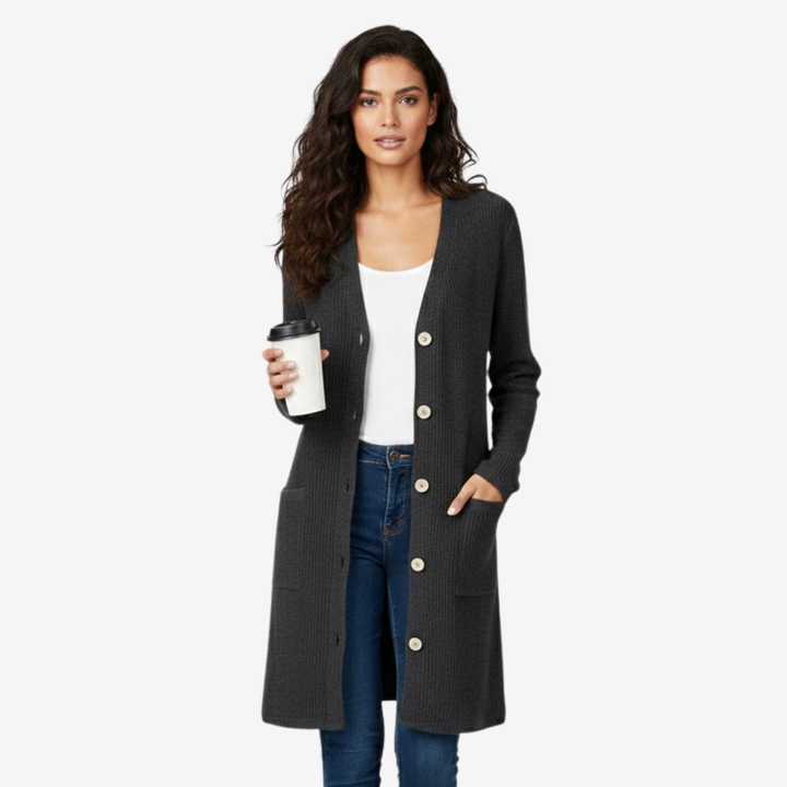 AURELLA | Women’s Viscose-Blend V-Neck Coat – Buttoned Longline