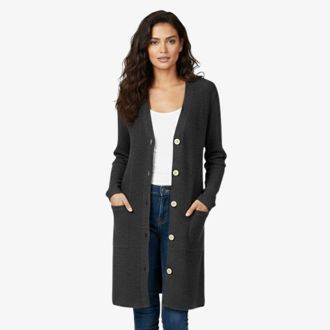 AURELLA | Women’s Viscose-Blend V-Neck Coat – Buttoned Longline