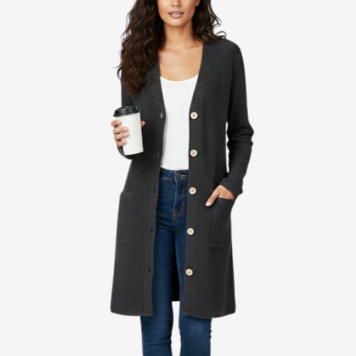 AURELLA | Women’s Viscose-Blend V-Neck Coat – Buttoned Longline
