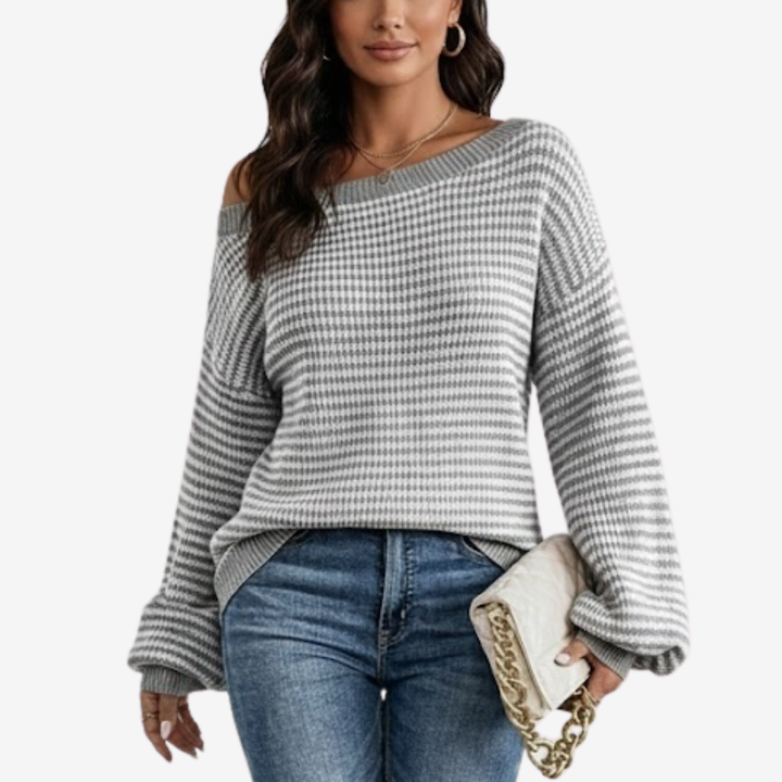 AURELLA | Women’s Soft-Knit Off-Shoulder Sweater – Striped Loose-Fit