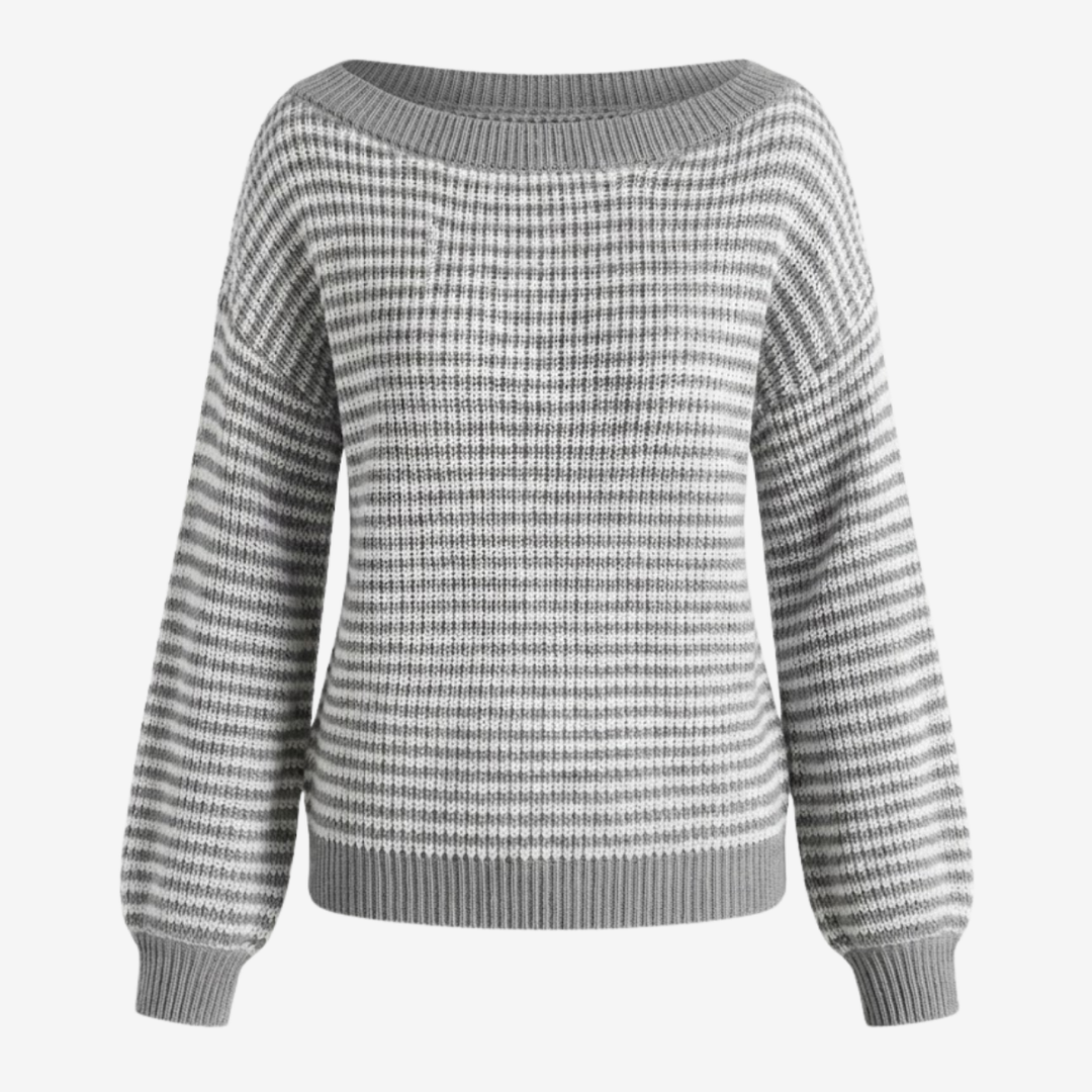 AURELLA | Women’s Soft-Knit Off-Shoulder Sweater – Striped Loose-Fit