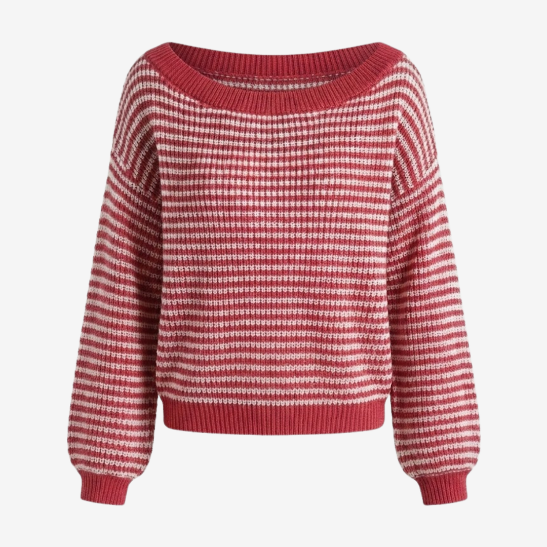 AURELLA | Women’s Soft-Knit Off-Shoulder Sweater – Striped Loose-Fit