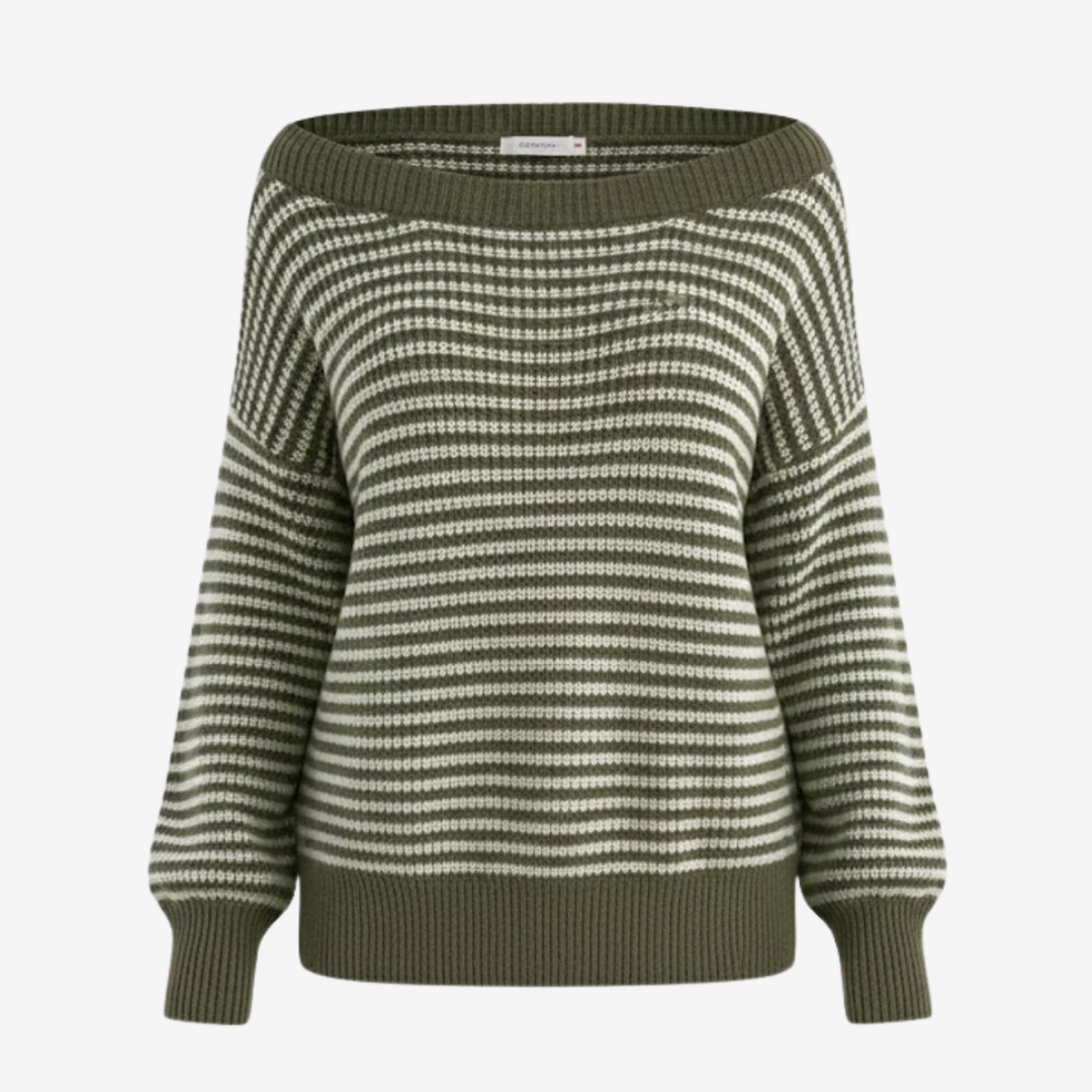 AURELLA | Women’s Soft-Knit Off-Shoulder Sweater – Striped Loose-Fit