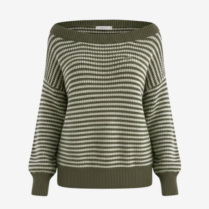 AURELLA | Women’s Soft-Knit Off-Shoulder Sweater – Striped Loose-Fit