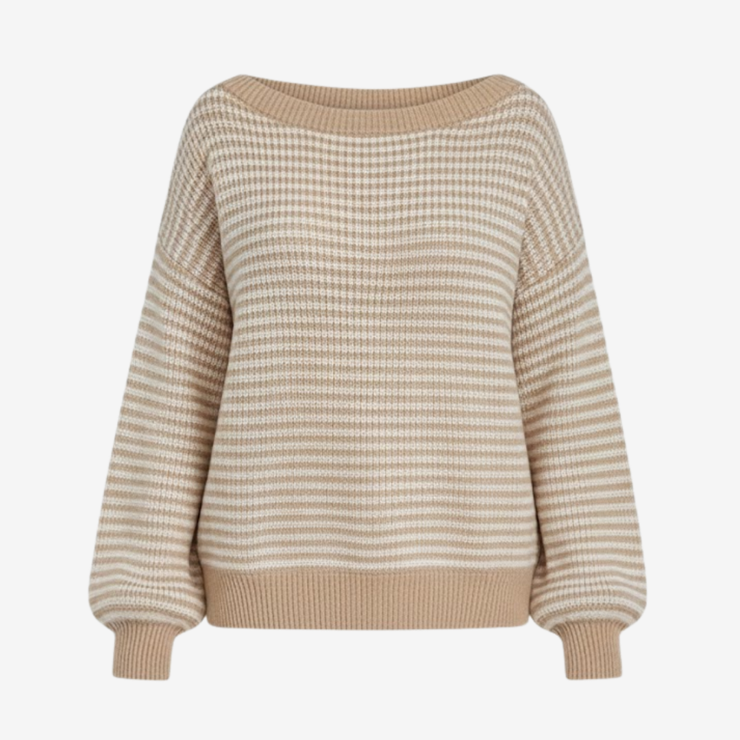 AURELLA | Women’s Soft-Knit Off-Shoulder Sweater – Striped Loose-Fit