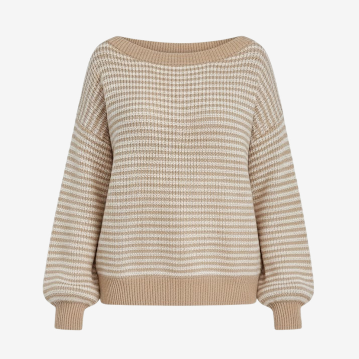 AURELLA | Women’s Soft-Knit Off-Shoulder Sweater – Striped Loose-Fit