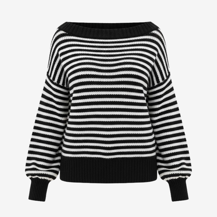 AURELLA | Women’s Soft-Knit Off-Shoulder Sweater – Striped Loose-Fit